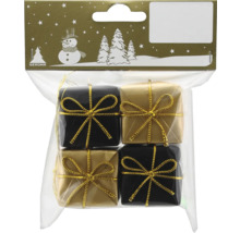 Geroma Weihnachtsbaumschmuck, vier kleine Geschenkpäckchen als Anhänger, zwei schwarze und zwei goldene mit goldener Schleife.