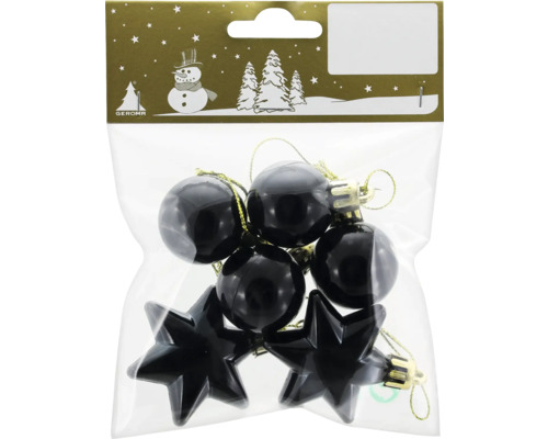 Christbaumschmuck Set aus schwarzen Kunststoffkugeln und Sternen in einer Klarsichtverpackung mit Geroma Logo.