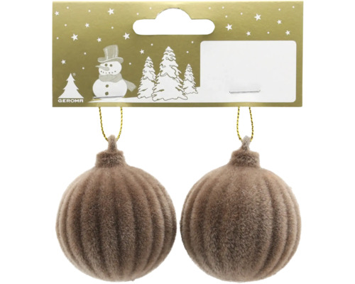 Zwei gerippte, braune Weihnachtskugeln mit samtiger Oberfläche und goldfarbenen Aufhängern in einer Verpackung mit Geroma Logo.