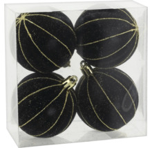 Vier schwarze samtige Weihnachtskugeln mit goldglitzernden Streifen in einer transparenten Box.