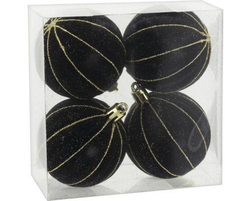 Vier schwarze samtige Weihnachtskugeln mit goldglitzernden Streifen in einer transparenten Box.