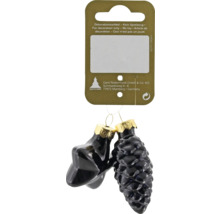 Zwei schwarze Weihnachtsanhänger aus Glas in Sternform und Zapfenform mit goldenen Kappen und Kartonverpackung.