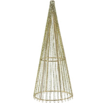 Goldfarbener Deko-Lichterbaum in Kegelform aus Metall mit herabhängenden Lichterketten.