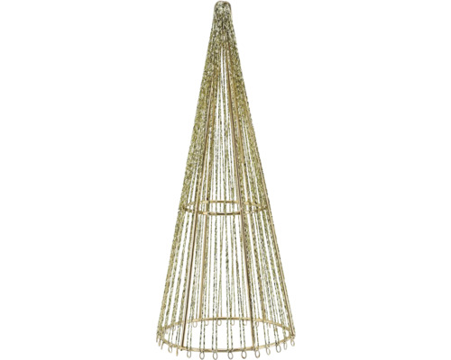 Goldfarbener Deko-Lichterbaum in Kegelform aus Metall mit herabhängenden Lichterketten.