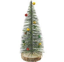Künstlicher Mini-Weihnachtsbaum mit bunten Glocken und weißem Schnee-Effekt auf einem runden Holzsockel.
