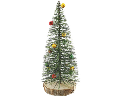 Künstlicher Mini-Weihnachtsbaum mit bunten Glocken und weißem Schnee-Effekt auf einem runden Holzsockel.