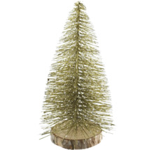 Miniatur-Deko-Weihnachtsbaum in Gold mit beschneiten Spitzen auf einem Holzsockel.