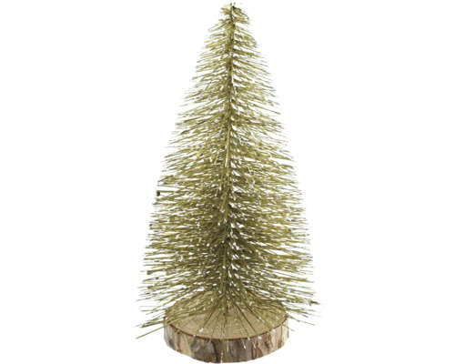 Miniatur-Deko-Weihnachtsbaum in Gold mit beschneiten Spitzen auf einem Holzsockel.