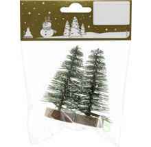 Zwei künstliche Miniatur-Weihnachtsbäume mit Schneeeffekt auf Holzfuß, Geroma Logo.