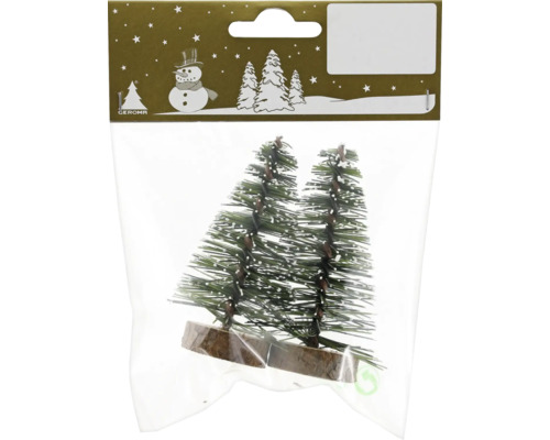 Zwei künstliche Miniatur-Weihnachtsbäume mit Schneeeffekt auf Holzfuß, Geroma Logo.