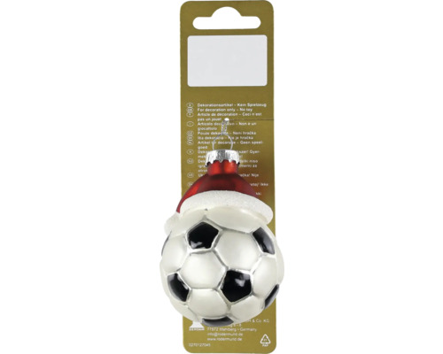 Christbaumschmuck aus Glas in Form eines Fussballs mit roter Weihnachtsmütze.