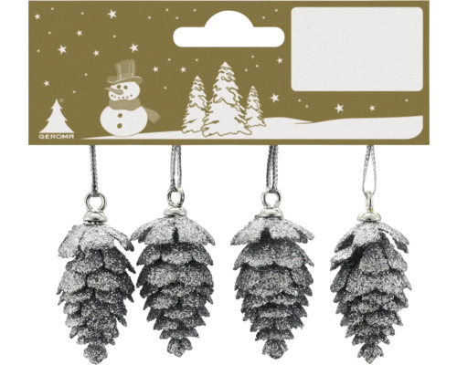 Weihnachtsbaumschmuck Tannenzapfen silber glitzernd 4er Set