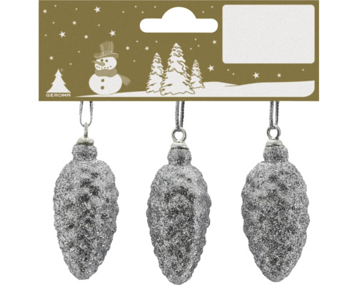 Drei Christbaumschmuck-Anhänger in Zapfenform mit silberner Glitzer-Oberfläche.