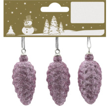 Drei Weihnachtsbaumanhänger in Zapfenform mit violettem Glitzer.