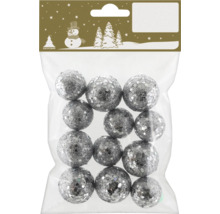 Lot de douze boules de Noël argentées et scintillantes pour la décoration. Logo Geroma sur l emballage.