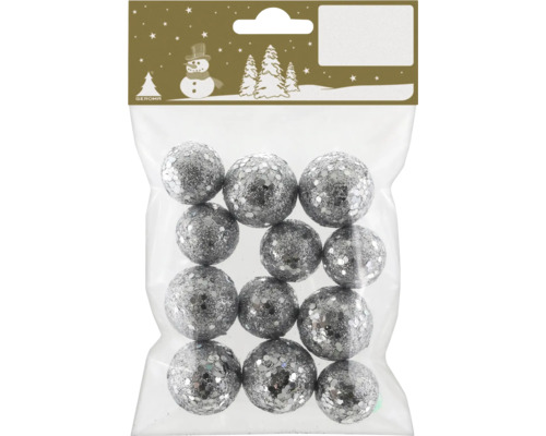 Lot de douze boules de Noël argentées et scintillantes pour la décoration. Logo Geroma sur l emballage.