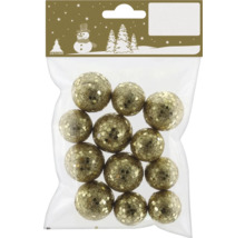 Set mit 12 glitzernden Weihnachtskugeln im Kunststoffbeutel.