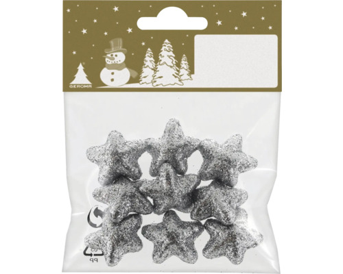 Étoiles de Noël argentées à paillettes dans un emballage plastique, Geroma Logo.