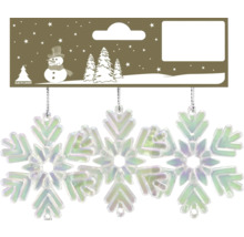 Drei irisierende Schneeflocken-Weihnachtsanhänger an einer winterlichen Pappkarte mit Schneemann-Motiv. Geroma Logo.