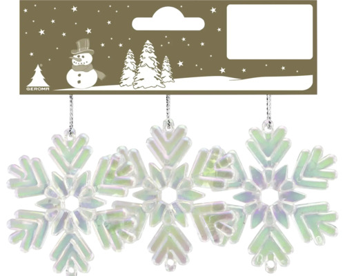 Drei irisierende Schneeflocken-Weihnachtsanhänger an einer winterlichen Pappkarte mit Schneemann-Motiv. Geroma Logo.