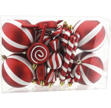 Christbaumschmuck-Set, rot-weiss gestreift, Kugeln, Zuckerstangen, Lutscher und Bonbons in Klarsichtbox.