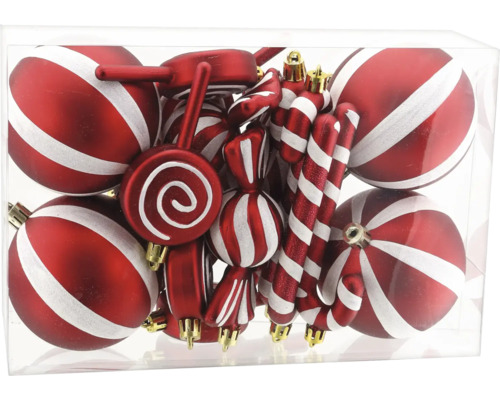 Christbaumschmuck-Set, rot-weiss gestreift, Kugeln, Zuckerstangen, Lutscher und Bonbons in Klarsichtbox.