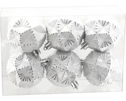 Weiße Weihnachtskugeln im Sechser-Set mit geometrischem Sternenmuster aus Kunststoff für den Weihnachtsbaum.