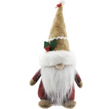 Weihnachtsgnom mit langem weissen Bart, rotem Gewand und beige gemustertem spitzen Hut mit Stechpalmen-Verzierung.