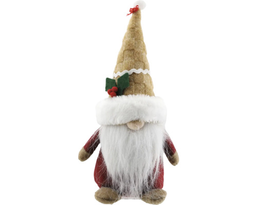 Weihnachtsgnom mit langem weissen Bart, rotem Gewand und beige gemustertem spitzen Hut mit Stechpalmen-Verzierung.