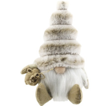 Weihnachtsgnom mit gestuftem Hut aus Kunstfell, langem weissen Bart und kleinem Jutesack.
