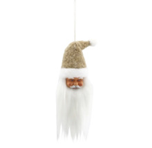 Weihnachtsanhänger Weihnachtsmann mit langem weissem Bart, beige Mütze aus strukturiertem Stoff mit weissem Bommel und Aufhängeschlaufe.