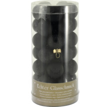 Weihnachtskugeln aus echtem Glas in Schwarz, matte und glitzernde Oberflächen, in einer zylindrischen Klarsichtbox.