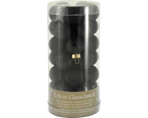 Weihnachtskugeln aus echtem Glas in Schwarz, matte und glitzernde Oberflächen, in einer zylindrischen Klarsichtbox.