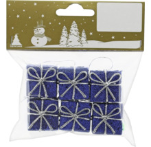 Geroma Christbaumschmuck, sechs kleine glitzernde blaue Geschenkpäckchen mit silbernen Schleifen.
