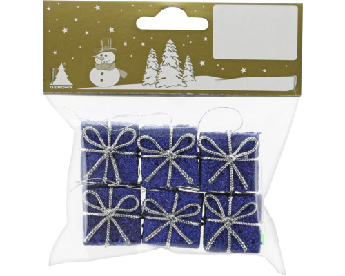 Geroma Christbaumschmuck, sechs kleine glitzernde blaue Geschenkpäckchen mit silbernen Schleifen.