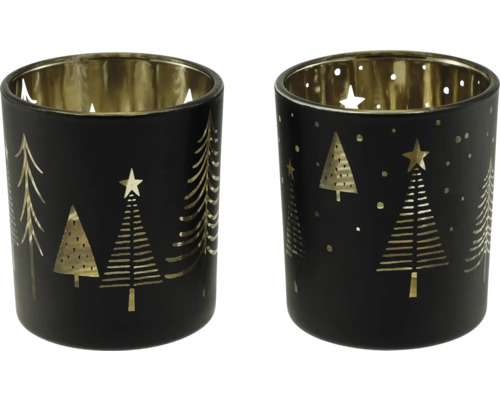 Dekoglas 7 x 8 cm schwarz gold 2 Stück Zwei Windlichter aus Glas in Schwarz und Gold mit Tannenbaum und Stern Motiven.