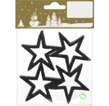 Vier schwarze Deko-Sterne mit Glitzereffekt, Geroma Logo.