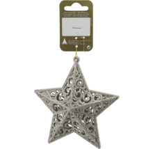 Silberner glitzernder Stern zum Aufhängen mit filigranem Muster als Weihnachtsbaumschmuck.