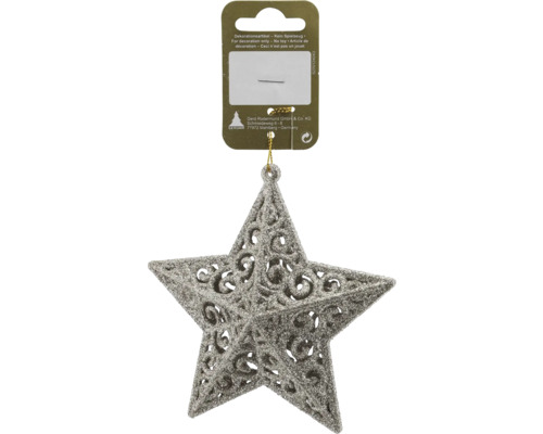 Silberner glitzernder Stern zum Aufhängen mit filigranem Muster als Weihnachtsbaumschmuck.
