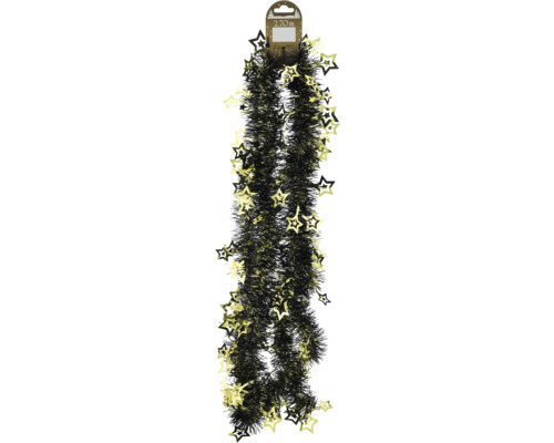 Schwarze Lametta Girlande mit goldenen Sternen, Länge 2,70 Meter, für die Weihnachtsdekoration.