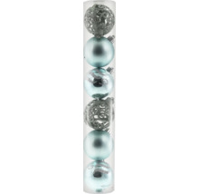 Christbaumkugeln Set in Blau und Silber mit Glitzer, Filigran- und Wellenmustern, in einer Klarsichtröhre.