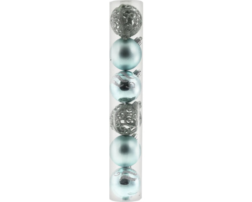 Christbaumkugeln Set in Blau und Silber mit Glitzer, Filigran- und Wellenmustern, in einer Klarsichtröhre.