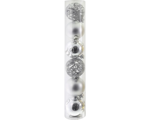Set aus silberfarbenen Weihnachtsbaumkugeln in einer transparenten Röhre mit glitzernden, matten und verzierten Oberflächen.