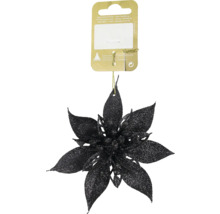 Schwarzer, glitzernder Weihnachtsanhänger in Form einer Christsternblüte mit goldfarbener Kordel.