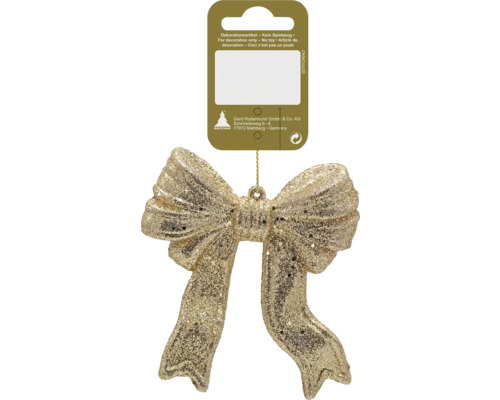 Goldene Dekoschleife mit Glitzer für Weihnachten, zum Aufhängen, inklusive Verkaufsverpackung.