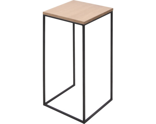 Hoher Beistelltisch mit quadratischer Tischplatte aus hellem Holz und schwarzem Metallgestell.