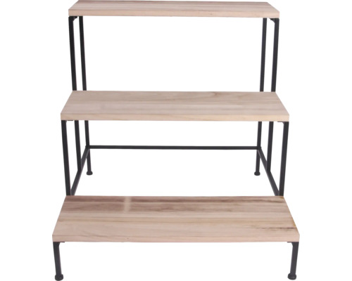 Dreistufiges Regal aus Holz mit schwarzem Metallrahmen.