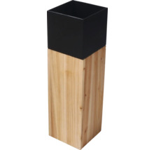 Quadratischer Pflanzkübel aus hellem Holz mit schwarzem Aufsatz.