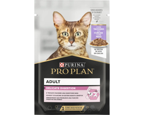 Purina Pro Plan Nassfutter für ausgewachsene Katzen Delicate Digestion mit Pute in Sauce, ohne künstliche Farbstoffe, wissenschaftlich fundiert, Beutel.