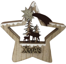Weihnachtsdekoration aus Holz in Sternform mit Waldszene, Hirschen, Tannen und glitzerndem XMAS Schriftzug.